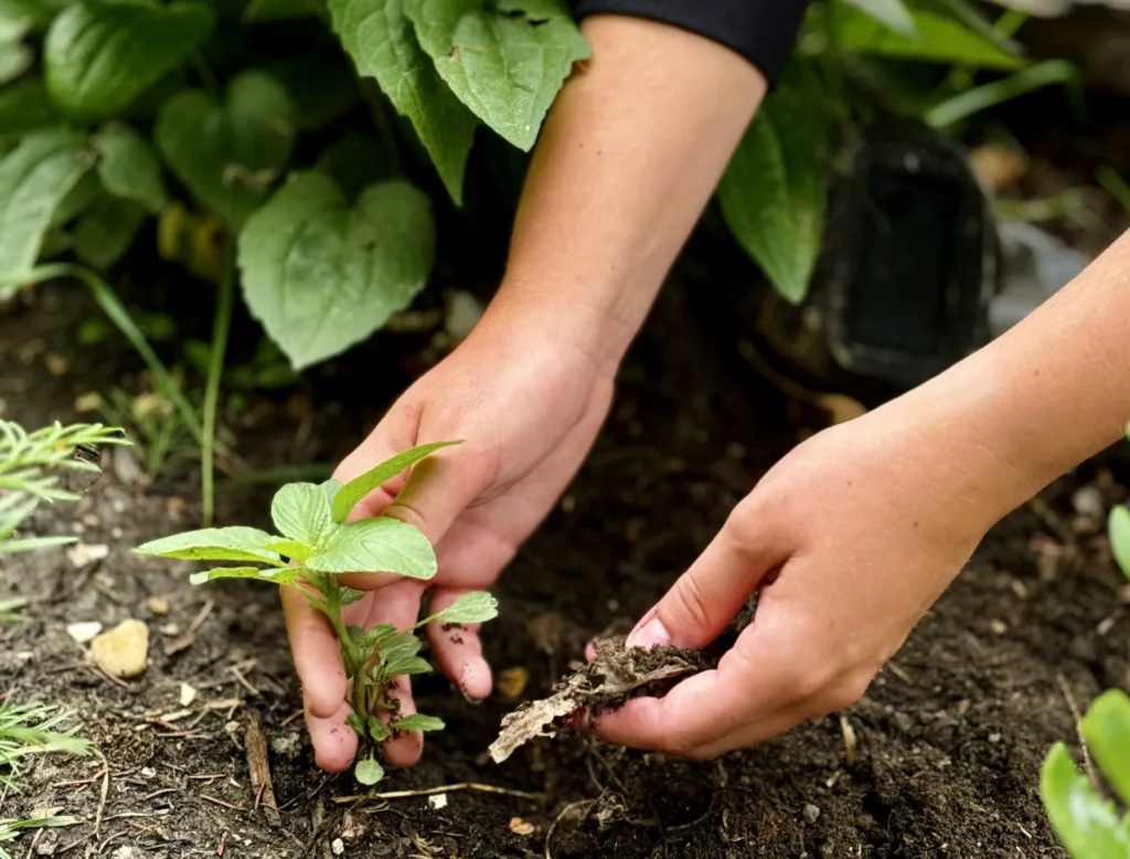Hands planting a small seedling into rich, dark soil in a garden bed, illustrating how organic matter returns to the earth to nourish plant growth.